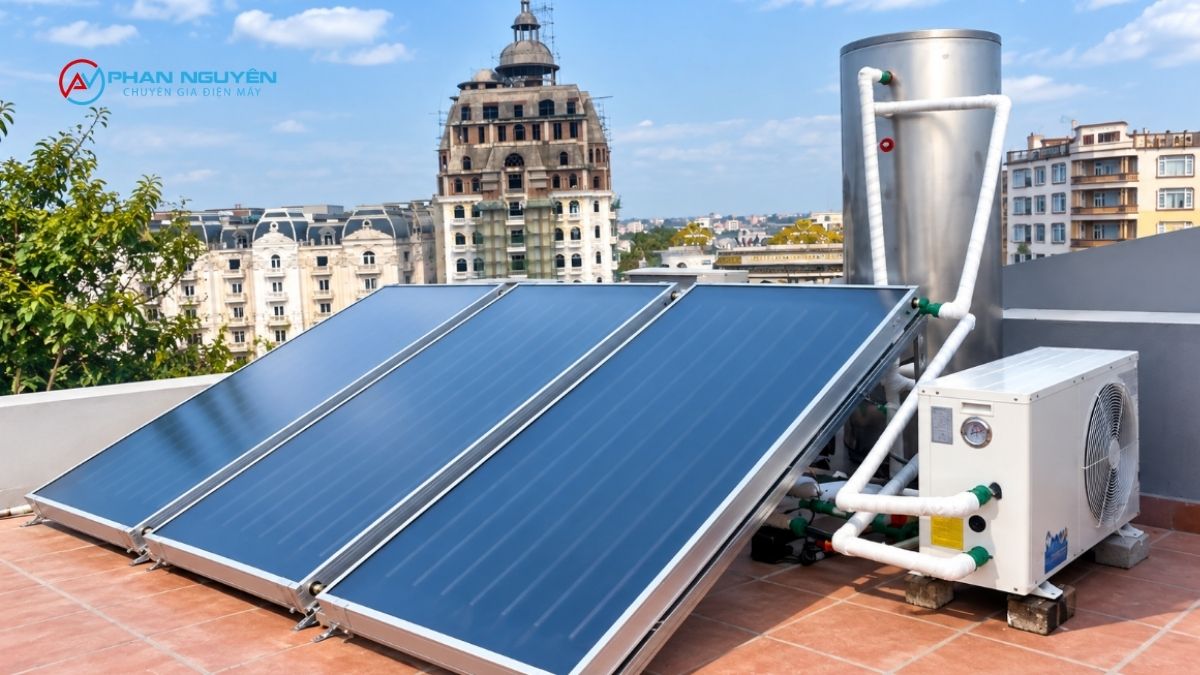 Máy nước nóng Heat Pump (máy bơm nhiệt) không phải là máy năng lượng mặt trời truyền thống, nhưng thuộc cùng nhóm giải pháp nước nóng tiết kiệm điện năng và bảo vệ môi trường. Trong khi máy nước nóng năng lượng mặt trời dạng ống chân không hoặc tấm phẳng hấp thụ thụ động bức xạ nhiệt từ mặt trời, máy Heat Pump sử dụng máy nén và gas lạnh để thu hồi nhiệt năng từ không khí xung quanh rồi truyền vào nước.