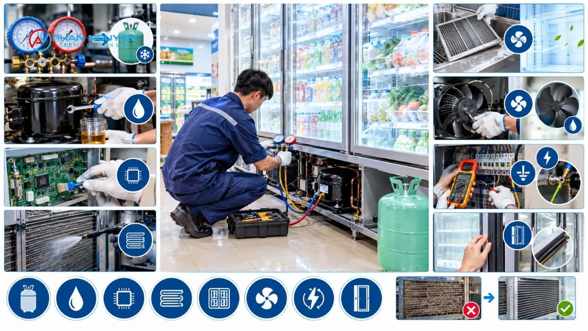 Dịch vụ bảo trì tủ mát định kỳ gồm những hạng mục nào?