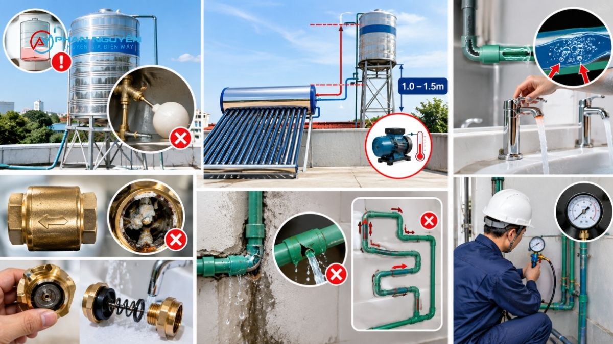 Nhóm 1: Máy chảy yếu hoặc không ra nước (vấn đề áp lực & đường ống)