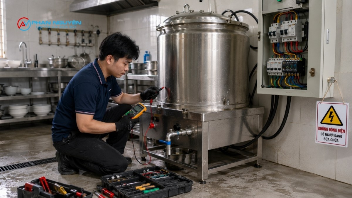 Nồi phở bị rò điện, nhảy aptomat liên tục hoặc không vào điện — Nên tự xử lý hay gọi kỹ thuật viên?
