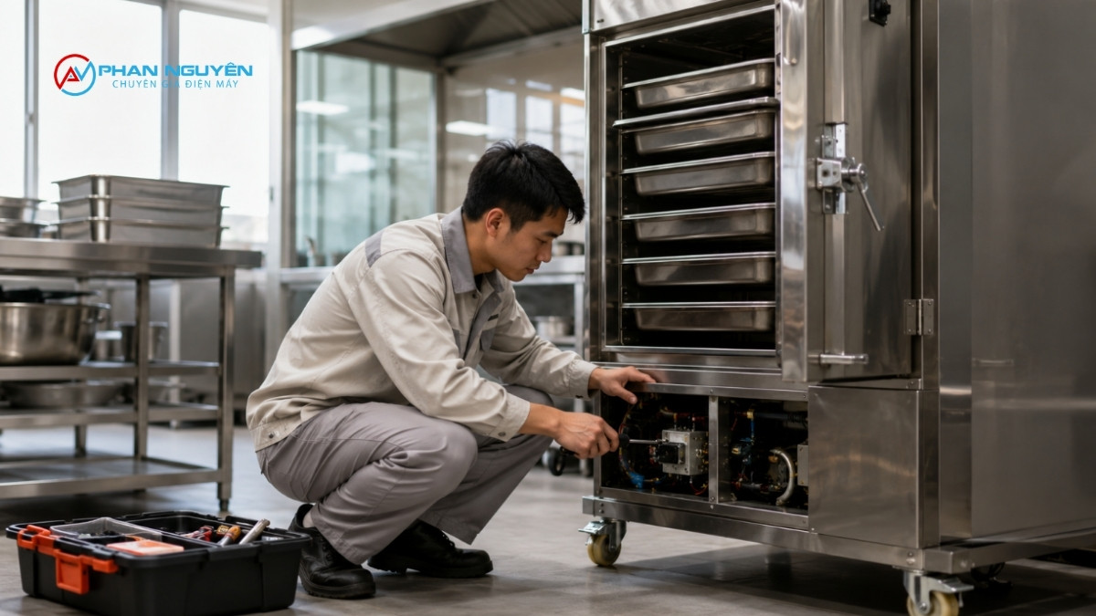 Cơm chín không đều giữa các khay trong tủ hấp