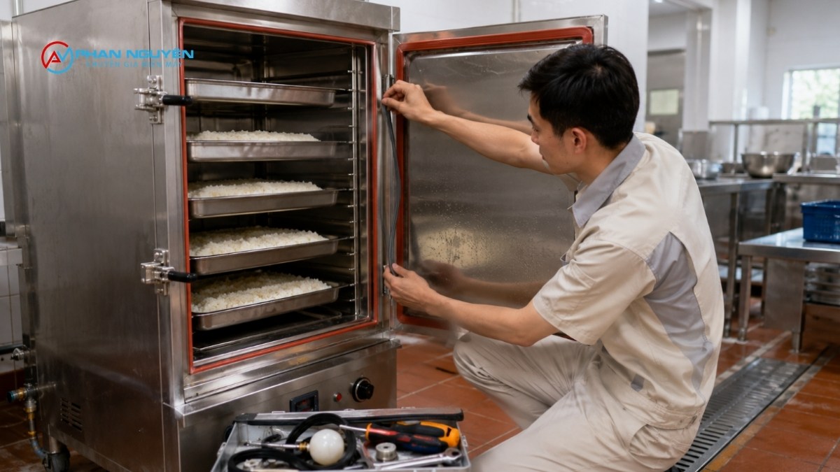 Tủ cơm không tạo hơi, hấp lâu chín dù thiết bị vẫn tỏa nhiệt