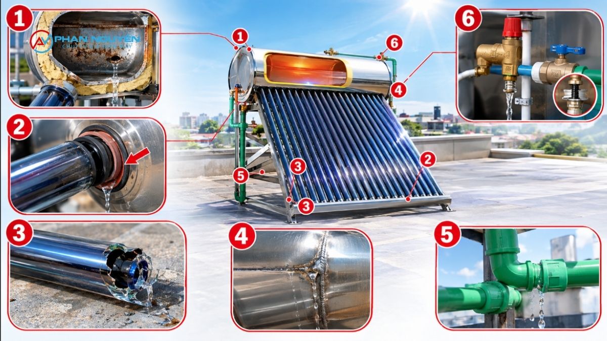 6 vị trí thường gặp máy nước nóng NLMT bị rò/chảy nước