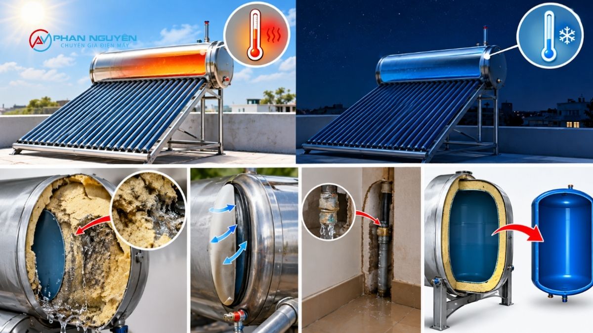 Máy nước nóng thái dương năng mất nhiệt qua đêm dù ban ngày vẫn nóng tốt